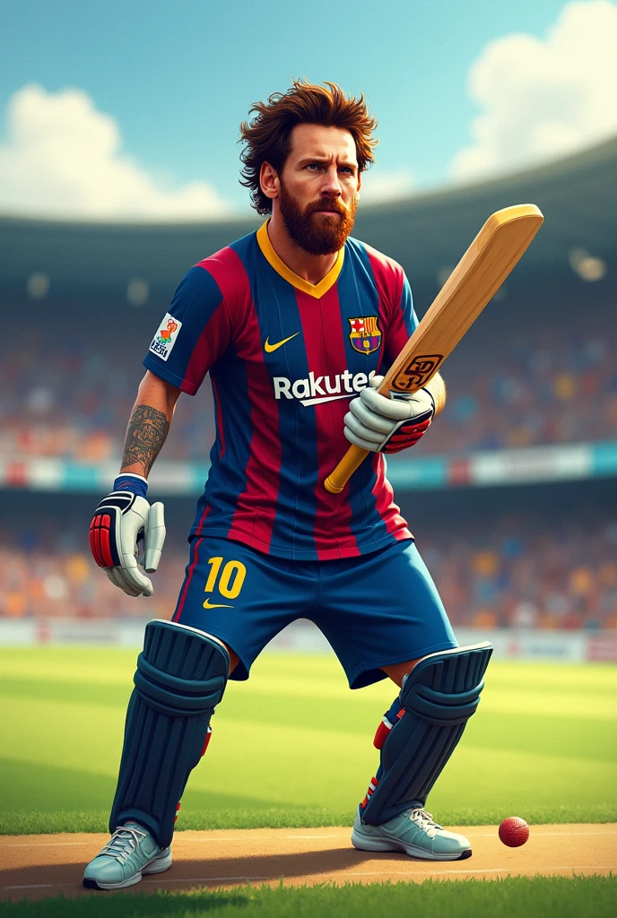 Messi as a cricket palyer wearing barchalona jurcy