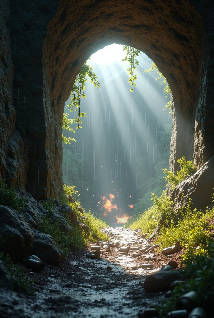 Tunnel entrance, lots of bullets in the air and on the ground, masterpiece, 4k, high definition, in one shot, photorealism: 1.2, half background, shot in circle with rain cloud,