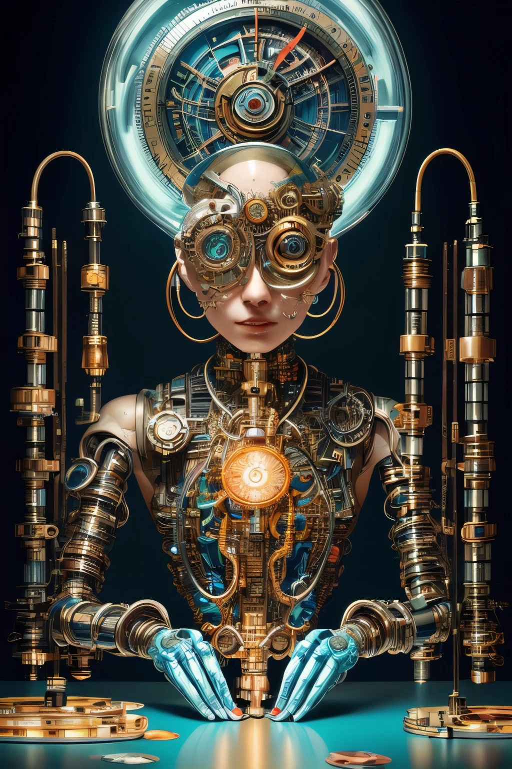 Hyperrealistic photography of a beautiful, fleshy cyborgs, who helps a magnifying machine with clockwork mechanisms in the style of Jin Kagetsu, James Jean und Wlop, muito detalhado, masterpiece, Award-winning, keen focus, complicated conceptual art, Ambient lighting, 8k, artstation