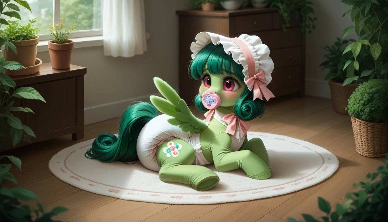 pony, Pegasus, emerald green fur, adult mare, a lush mane, gathered into an adult size bonnet, bushy tail, sitting in the room on a soft play mat, dressed in an adult size bodysuit and booties, pacifier in mouth, solo, thick diaper under clothes, pink blush on cheeks, Embarrassment, Awkwardness.