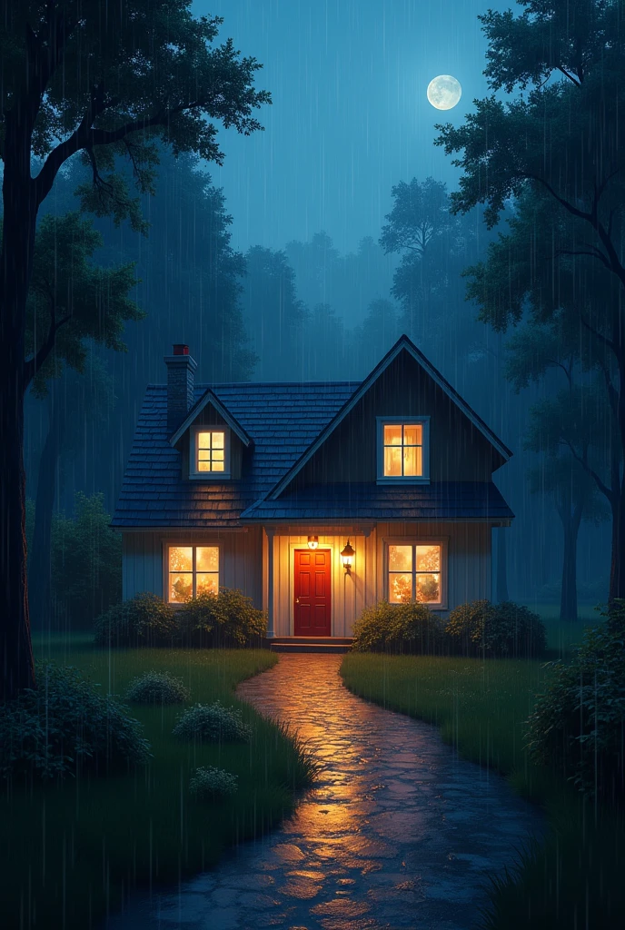 Raining in the suburbs late at night,There is a house with a sky through the forest on the path,Brightly lit looking from outside to inside。It's like a fairyland。