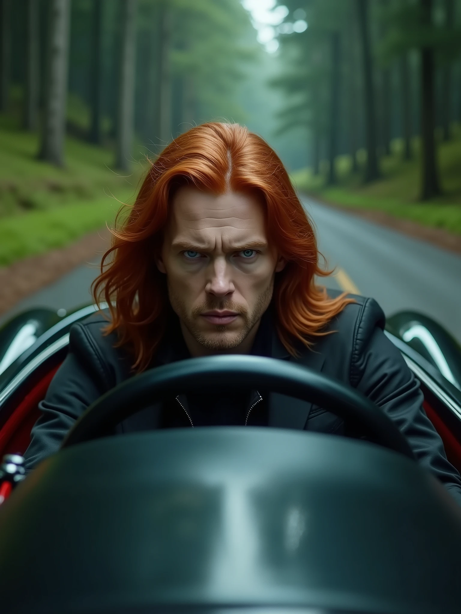 A stunning cinematic close-up of a man with long, red hair and striking blue eyes, driving a sleek black car. He is intently focused on the winding forest road, leading down a hill, with lush greenery and trees on both sides. The car's interior is a stylish mix of black and red, with the man's determined gaze adding a sense of suspense and intrigue to the scene. The overall ambiance is intense and dramatic, as if the character is about to embark on a thrilling adventure., cinematic