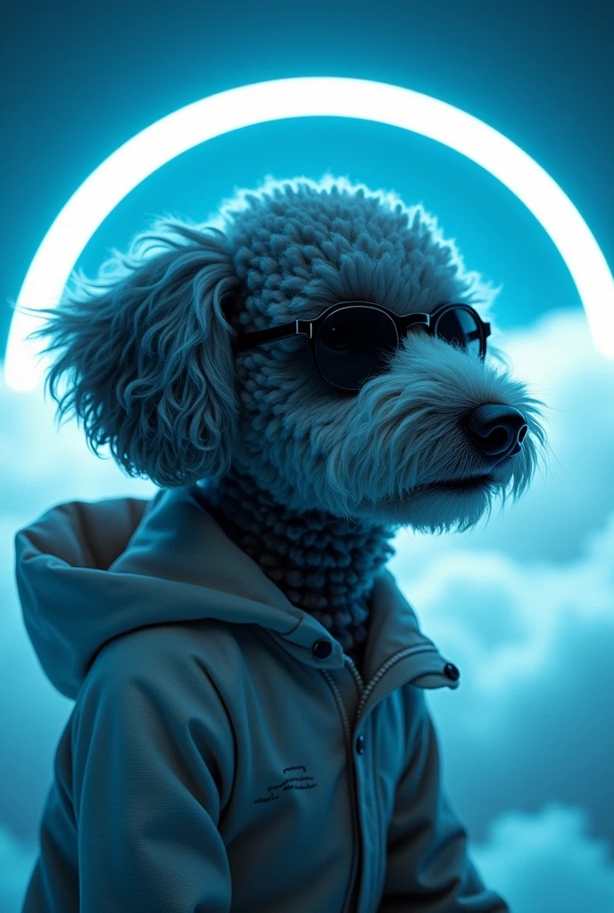 The best wallpapers, Award-Winning Wallpaper, Portrait Photography, Portrait of a grey teddy dog on the front,Curly。Wearing mid-1960s Space Age attire, Side view photo, Shot with Canon EOS R5, Set strong contrast to highlight the subject, Neon Blue, Wearing a very modern jacket and sunglasses is a modern 1960s style, Clothes are all one color, Beautiful Background Heaven God