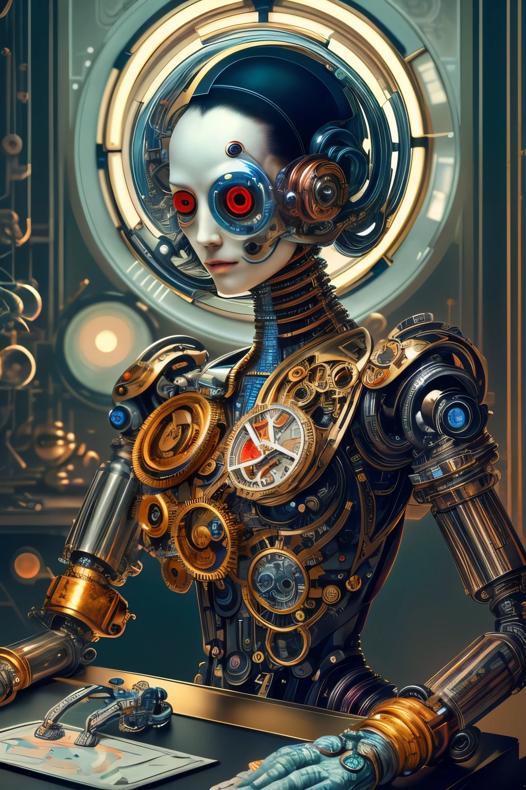 Hyperrealistic photography of a beautiful, fleshy cyborgs, who helps a magnifying machine with clockwork mechanisms in the style of Jin Kagetsu, James Jean und Wlop, muito detalhado, masterpiece, Award-winning, keen focus, complicated conceptual art, Ambient lighting, 8k, artstation