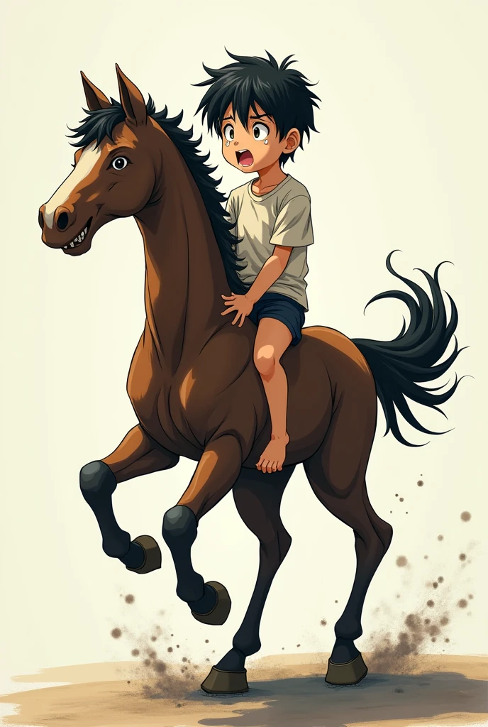 A boy's lower_body is becomed to a centaur(Japanese anime style)(four_legs)(shaking tail)(scared and crying)