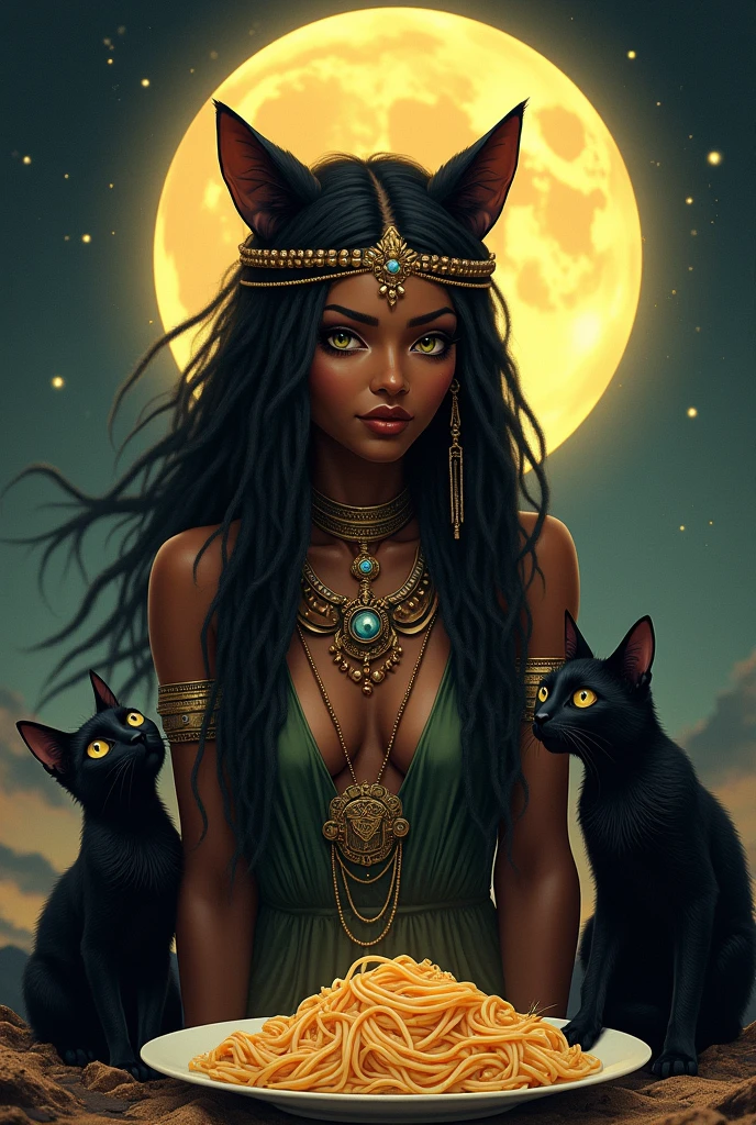 A full body black woman, egyptian, with dreadlocks in her hair, with cat ears, with two black cats beside, one of the cats eating pasta and in the background of the image a yellow full moon.