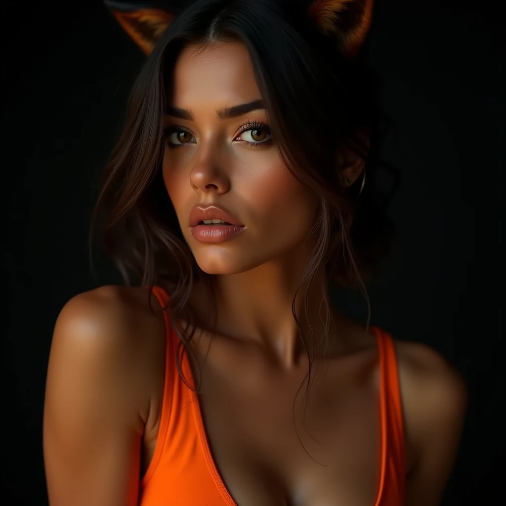 a latin woman with an orange leotard, shy simple, fox-like eye bags, fox tail, photographic studio, black background, (best quality,4k,8k,highres,masterpiece:1.2),ultra-detailed,(realistic,photorealistic,photo-realistic:1.37),hyper detailed,extremely detailed facial features,extremely detailed skin, extremely detailed eyes and face, extremely detailed hair, beautifully detailed eyes, beautiful detailed lips, striking poses, natural lighting, cinematic,dramatic lighting,moody,dark,brooding,serious expression,intense gaze