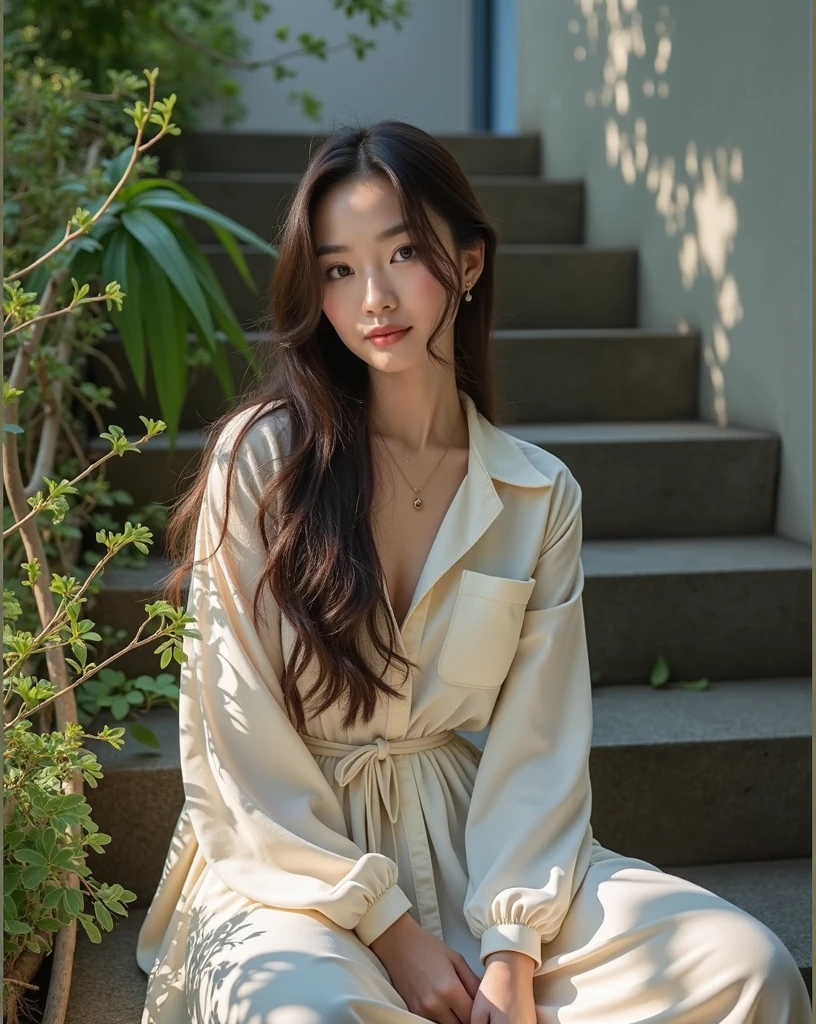 The beautiful woman , korean idol , wearing a loose, light-colored dress