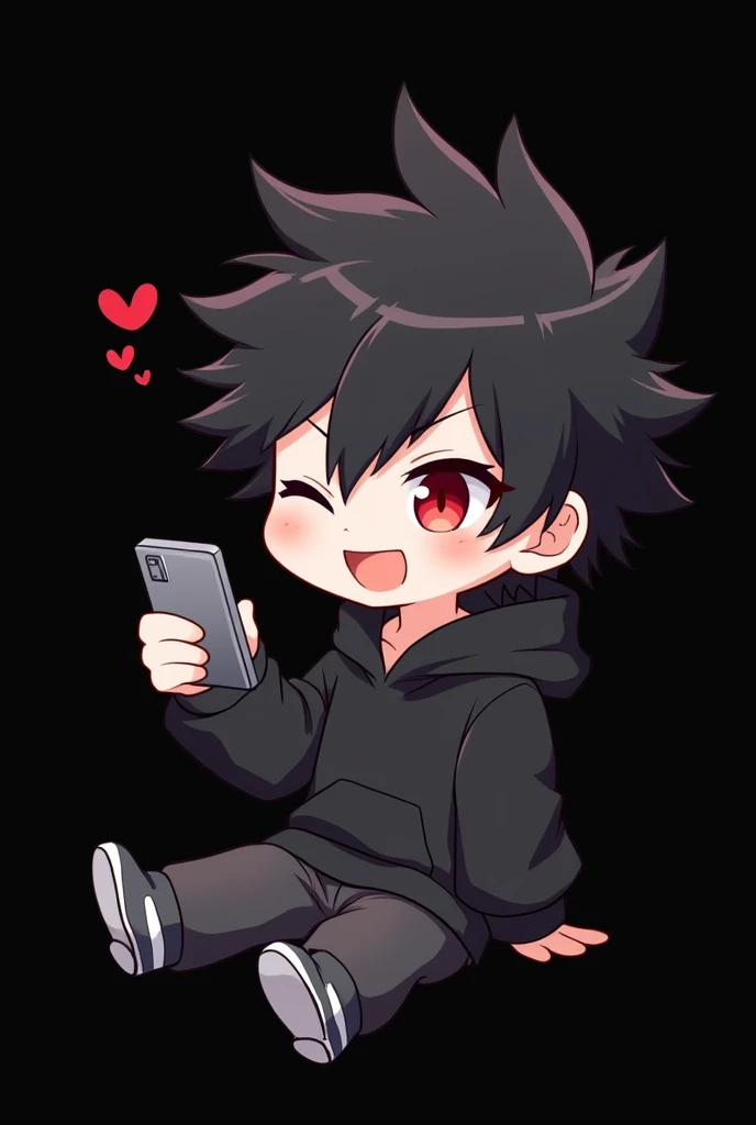  Black background , anime boy , black hair , spiky hair , red eye , narrowed eye , black hoodie , chibi , happy , blush , use phone