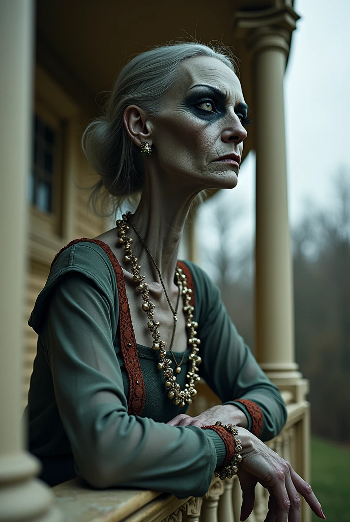 Best image quality, masterpiece, weird looking woman, very long neck, wearing red vintage clothes, very heavy makeup, wearing fancy jewelry, classic party background, classic building veranda background, leaning on the veranda and watching, rough skin, deep wrinkles, detailed skin expression, gray skin, large and voluptuous women, detailed image texture, grotesque, horror, creepy atmosphere (not AI image), cloudy weather