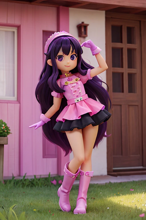 female、16age、Black purple hair、Long Hair、pink long boots、Pink dress、I can see your thighs、Pink gloves、Heart and star design、Purple eyes、Cute pose、