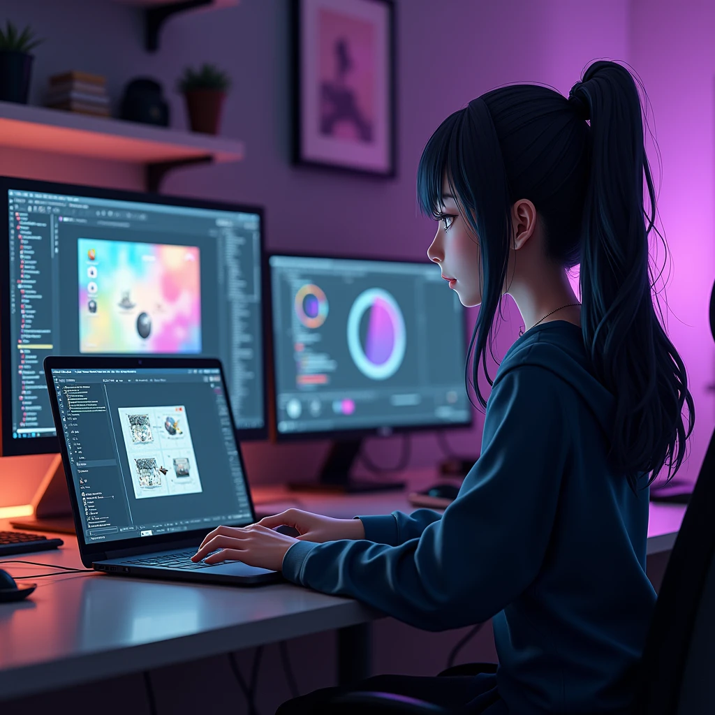 a laptop screen that runs Fedora Linux, and there is Unity game engine running with a female programmer creating a video game, anime style