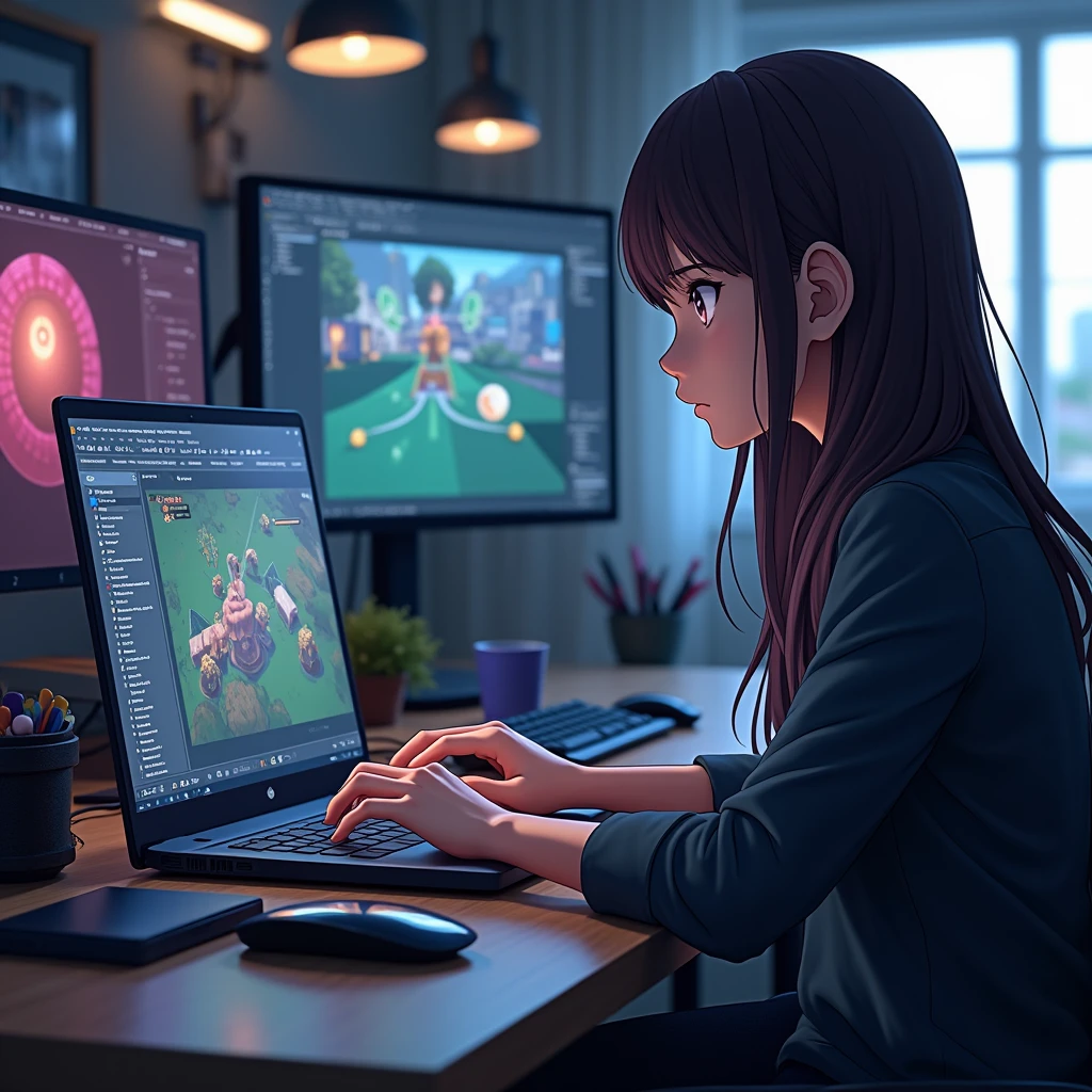 a laptop screen that runs Fedora Linux, and there is Unity game engine running with a female programmer creating a video game, anime style
