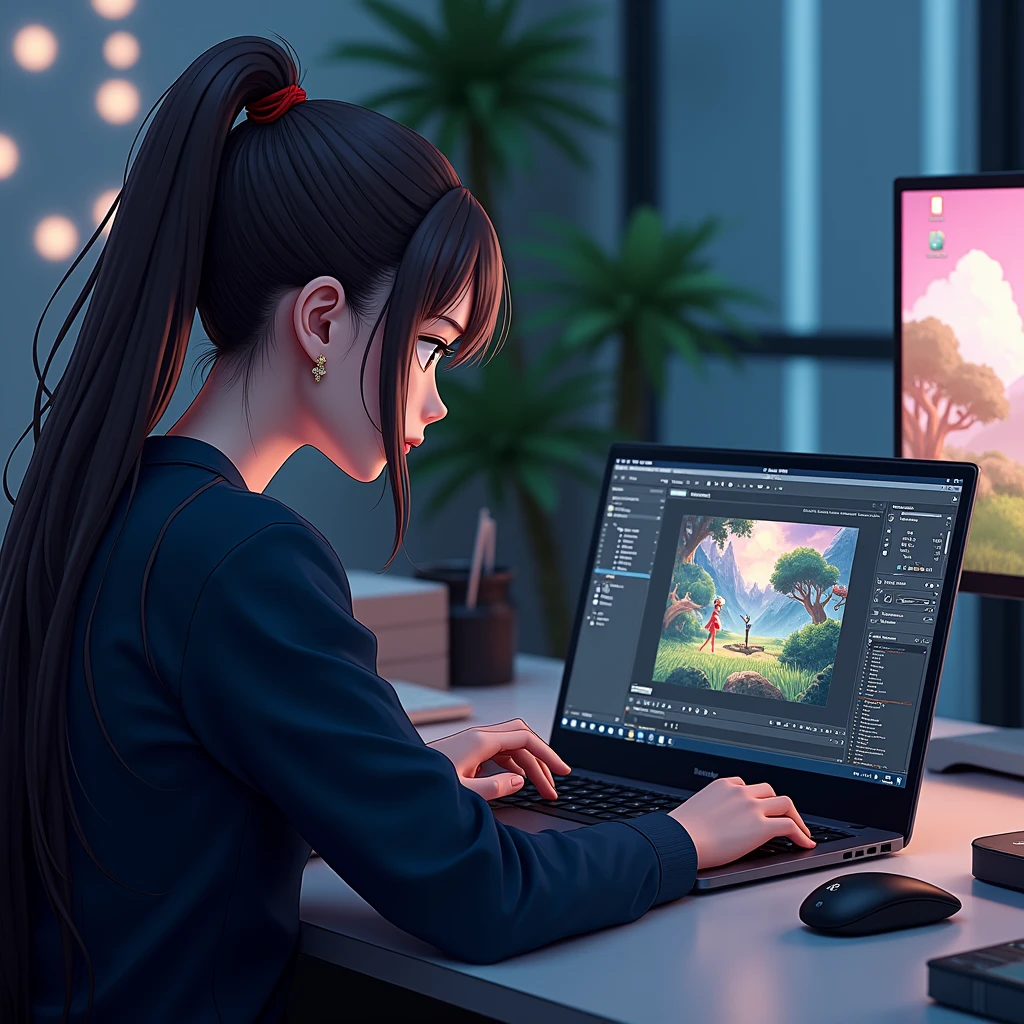 a laptop screen that runs Fedora Linux, and there is Unity game engine running with a female programmer creating a video game, anime style