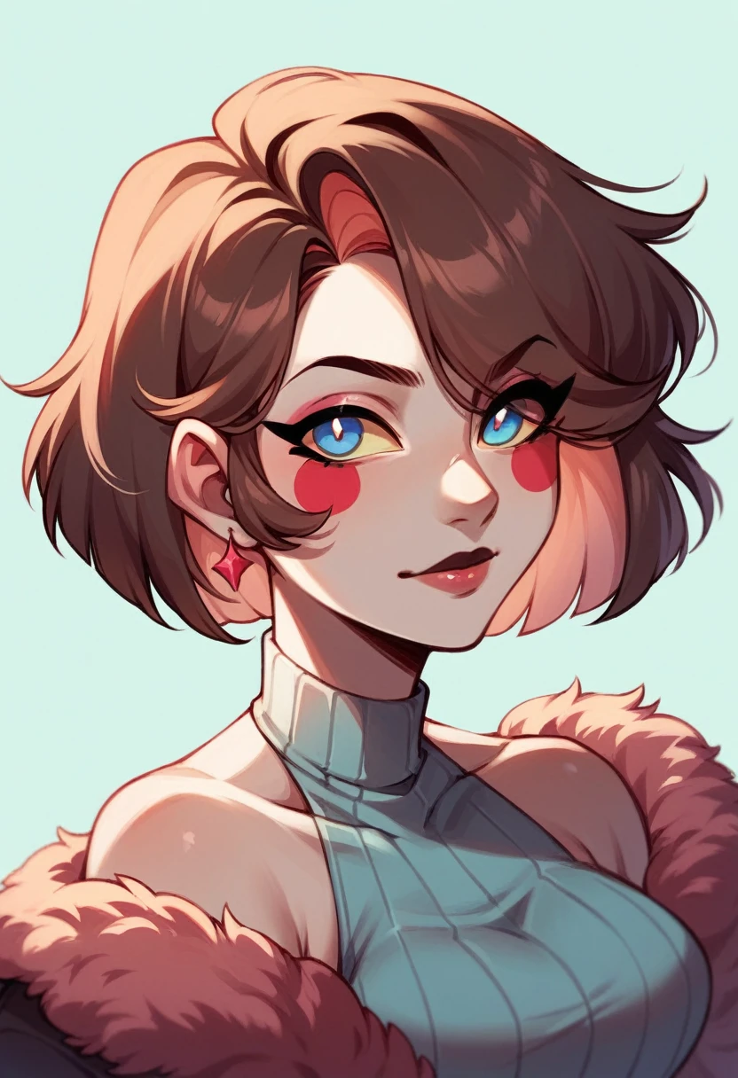 Hazbin hotel beautiful innocent Female Goat demon humanized with ocean blue eyes and short brown hair