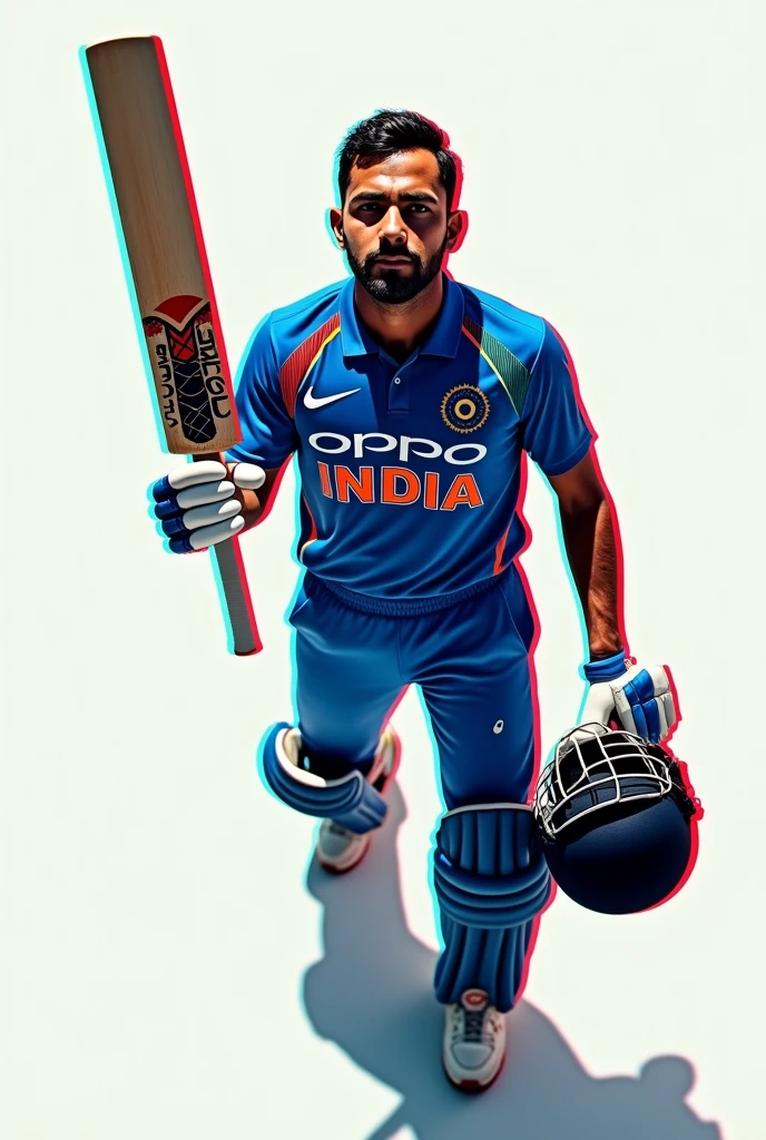 Give me a jersey number,Cricket player with INDIA written on his jersey, Viewed from directly above, Helmet in one hand,The other hand holds the racket drop shadow, anaglyph, stereogram, tachi-e, ass pov, atmospheric perspective, 8k, super detail, best quality