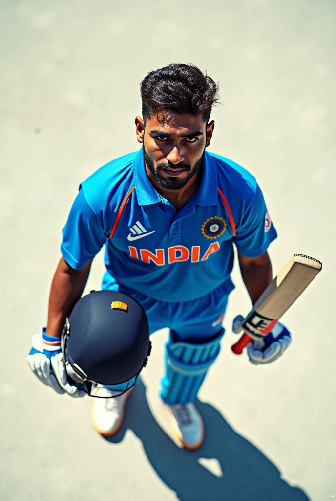Give me a jersey number,Cricket player with INDIA written on his jersey, Viewed from directly above, Helmet in one hand,The other hand holds the racket drop shadow, anaglyph, stereogram, tachi-e, ass pov, atmospheric perspective, 8k, super detail, best quality