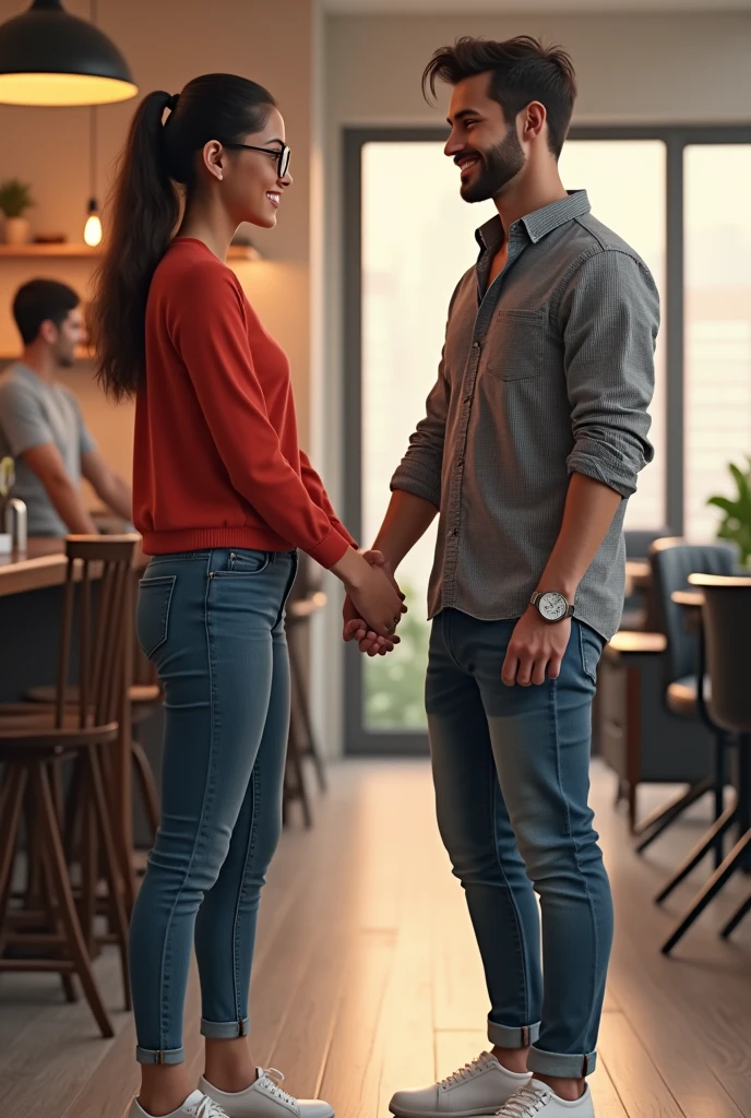 1 girl and her friend meet a guy at a drink place and join hands in the office, 1 the girl is wearing a red top and jeans, white shoes and glasses and the guy is wearing a smart checked grey shirt and jeans, white shoes and a smart watch