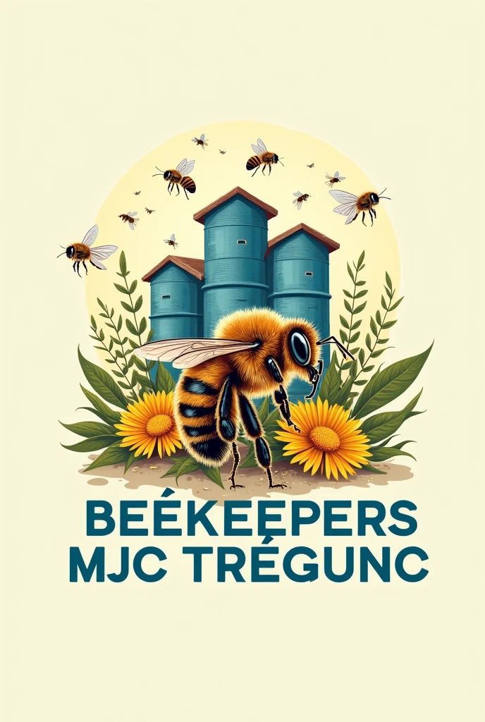 Logo with writing: beekeepers MJC Trégunc A beautiful bee and blue hives and bees flying