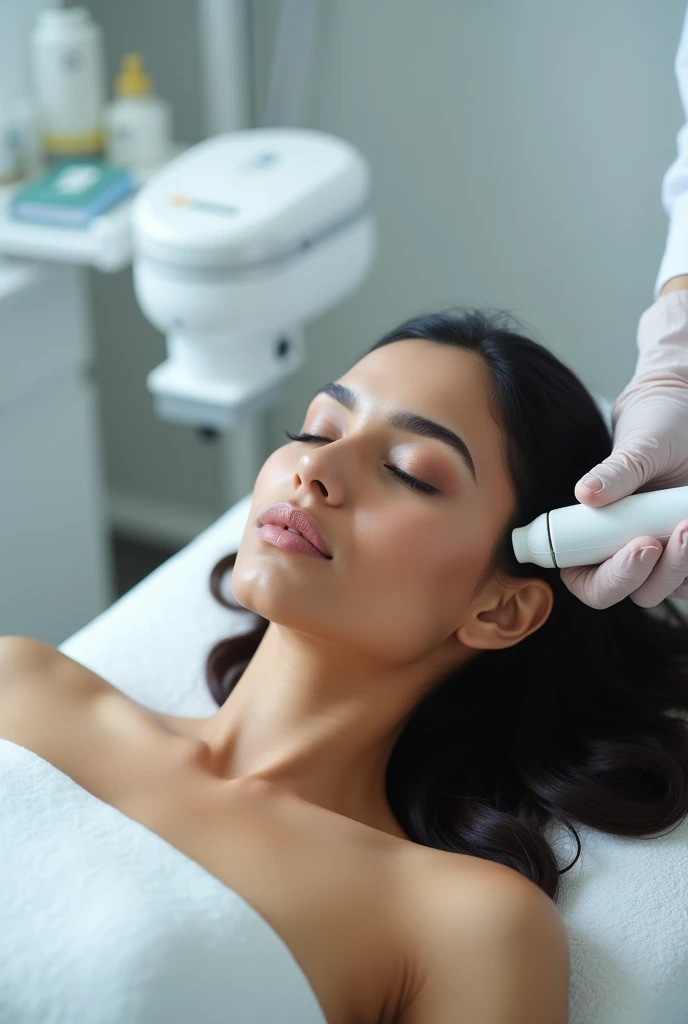 An indian woman doing 
Carbon Peel Laser Treatment in a clinic. 