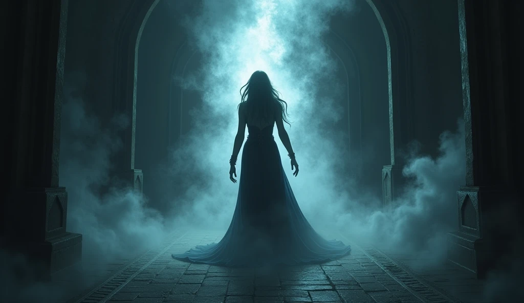 Elara stands in the same room, surrounded by swirling, ominous shadows with a ghostly aura. Her face shows a mix of fear and determination as the shadows move closer, trying to envelop her.