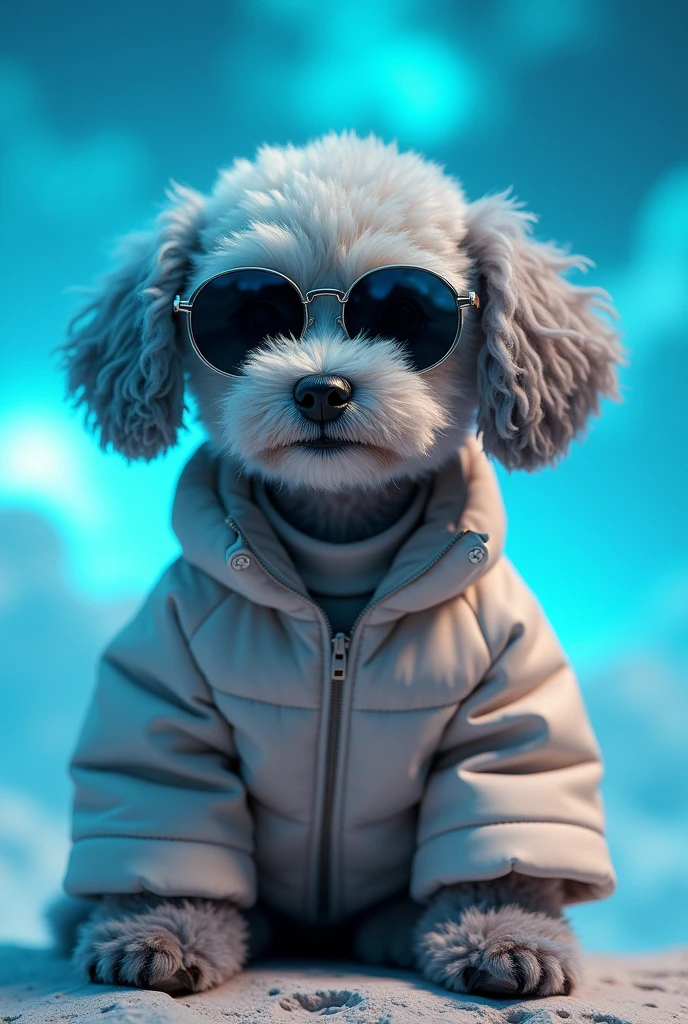 The best wallpapers, Award-Winning Wallpaper, Portrait Photography, Front view portrait of a small cute grey teddy dog，Curly。Wearing mid-1960s Space Age attire, Side view photo, Shot with Canon EOS R5, Set strong contrast to highlight the subject, Neon Blue, Wearing a very modern jacket and sunglasses is a modern 1960s style, Clothes are all one color, Beautiful Background Heaven God