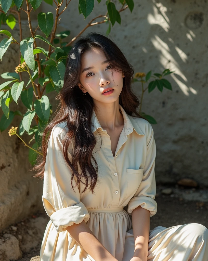 The beautiful woman , korean idol ,big eyes , wearing a loose, light-colored dress