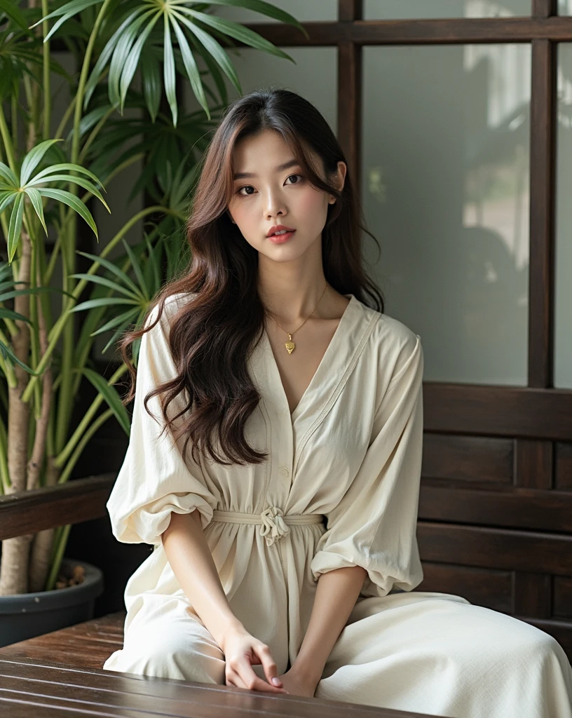 The beautiful woman , korean idol ,big eyes , wearing a loose, light-colored dress