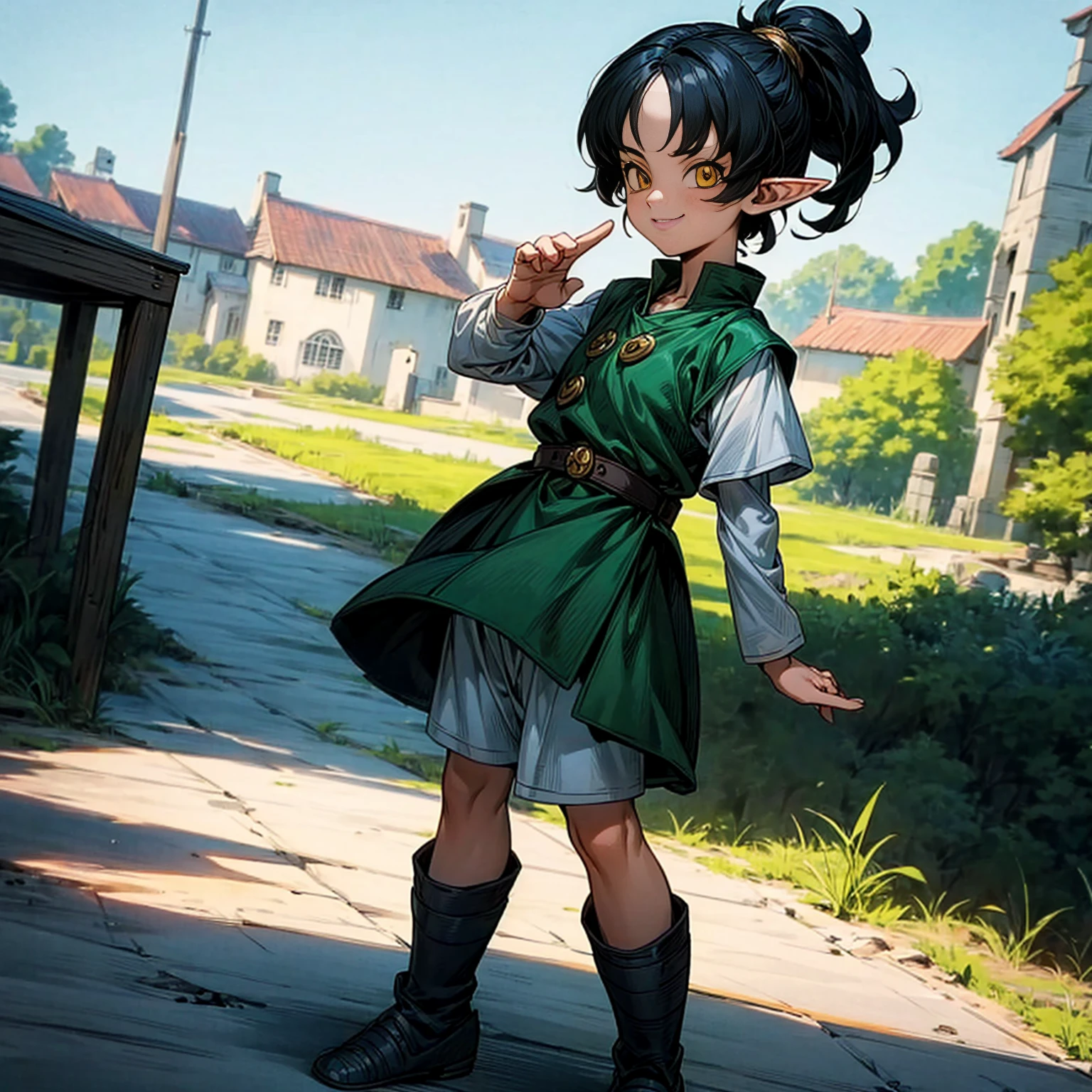 Solo character, full body version,  girl, (elf), yellow eyes, black color hair, short haircut, ponytail, white shirt, short jeans, shoes, outdoor, town, medieval, standing gesture, detailed background, detailed clothing, detailed hair, (Hunter x Hunter style art), happy eyes, smile mouth 