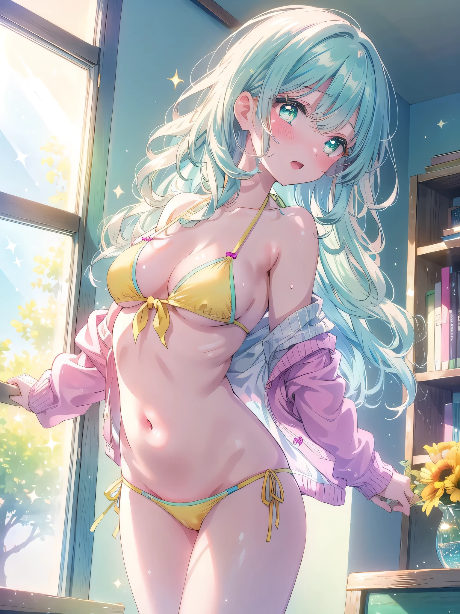 ((8k, Highest quality, masterpiece: 1.3)),Ultra-high resolution,(1 girl, alone), (Color changing eyes, Ultra-detailed, Expressive brilliance, Glitter, Glowing Eyes), Highly detailed eyes, Highly detailed face, Random Hair, ((pastel colour)), A carefree young woman with pastel mint green hair styled into beach waves, standing by the window of her bright and airy bedroom during the cheerful light of mid-morning. She is wearing a vibrant yellow bikini, and as she stretches her arms above her head, (the knot of her bikini top suddenly comes undone, causing it to slip down slightly). Her eyes widen in shock, and her cheeks flush pink as she quickly presses the loose top against her chest with both hands. The camera captures her from a frontal angle, emphasizing her flustered expression, with sunlight streaming through the window and creating a bright and lively atmosphere, (She puts her hand inside her bikini and touches her pussy:1.3)