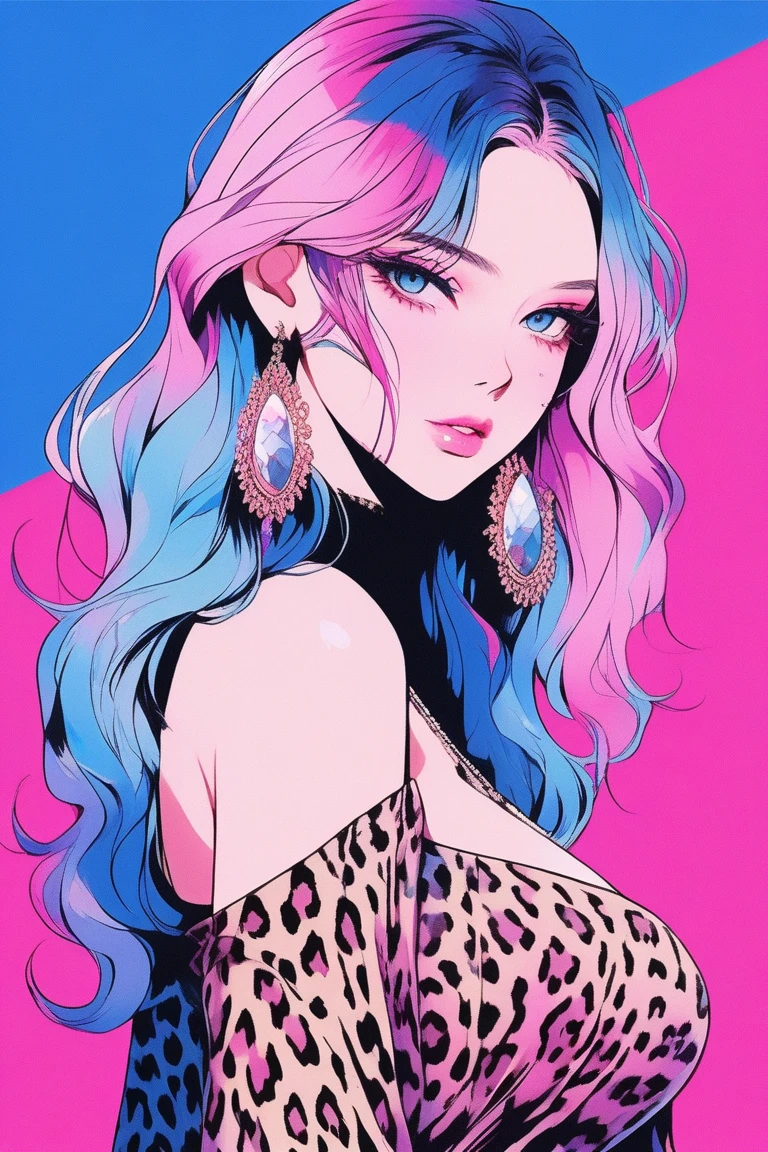 Illustrator, anime , Realistic ,sketch , 1 person, model, Age 25, lip, A sexy and revealing sheer leopard print wrap dress, order, Blue and pink gradient background, Neon Hair, Big Breasts, Her cleavage is visible, look back, Upper Body, Sexy look, Texture Trim, Russia, (masterpiece,Highest quality)