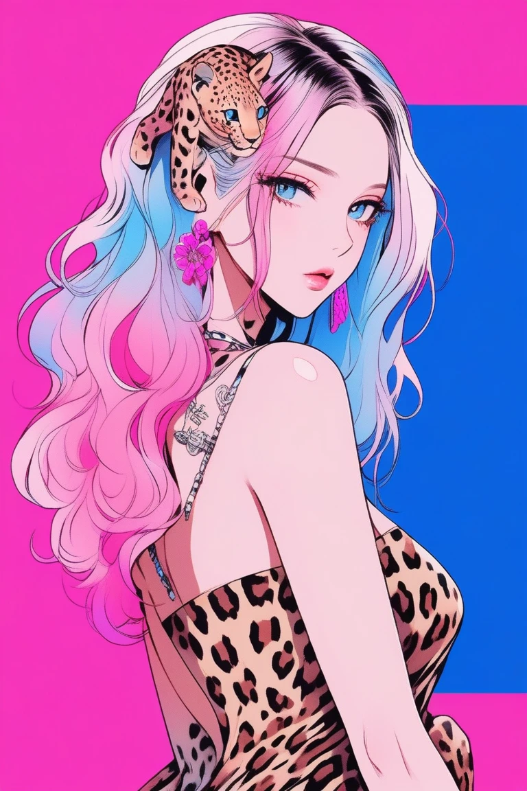 Illustrator, anime , Realistic ,sketch , 1 person, model, Age 25, lip, A sexy and revealing sheer leopard print wrap dress, order, Blue and pink gradient background, Neon Hair, Big Breasts, Her cleavage is visible, look back, Upper Body, Sexy look, Texture Trim, Russia, (masterpiece,Highest quality)
