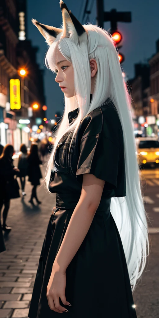 The image shows a girl with long white hair, with ears resembling those of a fox on her head. The girl appears to be standing on a city street at night, with the lights of buildings and traffic signals illuminated in the background. She is wearing modern black clothing and is seen in a side profile, looking towards the camera with a serious or contemplative expression. The colors in the image are characterized by a contrast between the warm city lights and the girl's shiny hair.