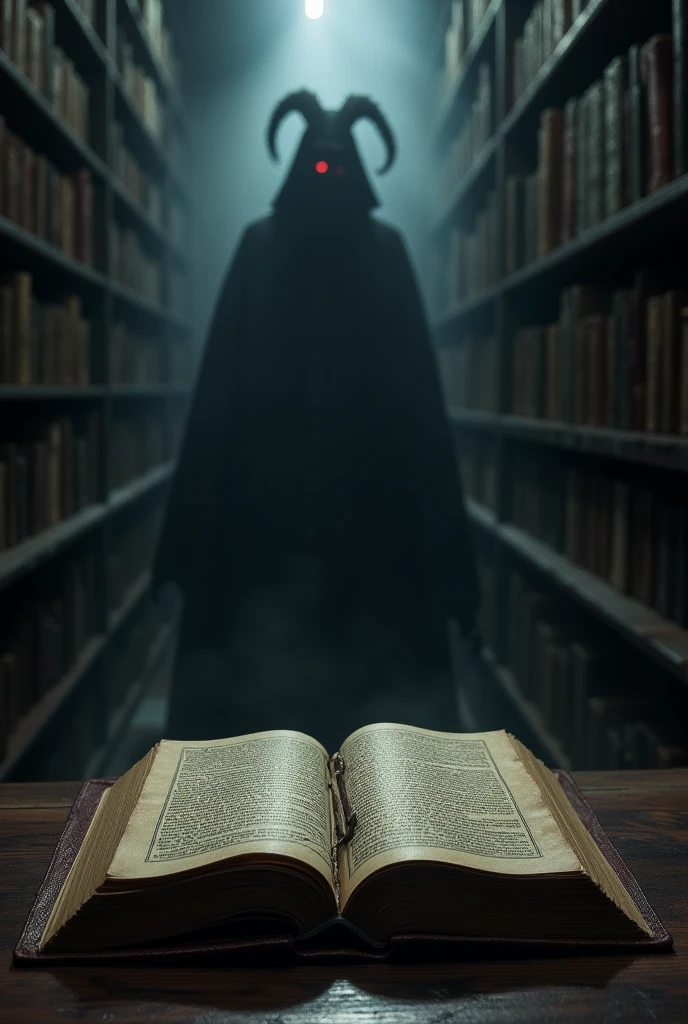On the table in a dark library there is a book on necromancy that gives off negative energy. In the depth, hidden among shadows, A mysterious demon watches.