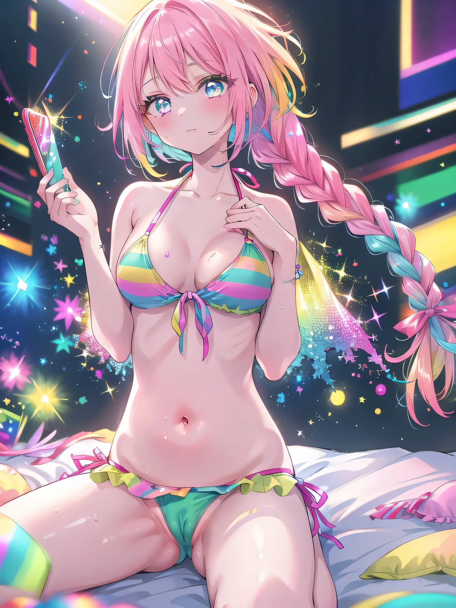 ((8k, Highest quality, masterpiece: 1.3)),Ultra-high resolution,(1 girl, alone), (Color changing eyes, Ultra-detailed, Expressive brilliance, Glitter, Glowing Eyes), Highly detailed eyes, Highly detailed face, Random Hair, ((pastel colour))An energetic young woman with pastel pink hair styled into twin braids, sitting on the edge of her bed in her colorful bedroom during a bright afternoon. She is wearing a neon green bikini, and the bottom tie of her bikini top has come loose. She’s leaning forward slightly, her hands working quickly to retie the knot with a determined expression. The camera captures her from a low, side angle, emphasizing the movement and energy in her actions, with the vibrant colors of the room complementing her lively personality,(She puts her hand inside her bikini and touches her :1.3)
