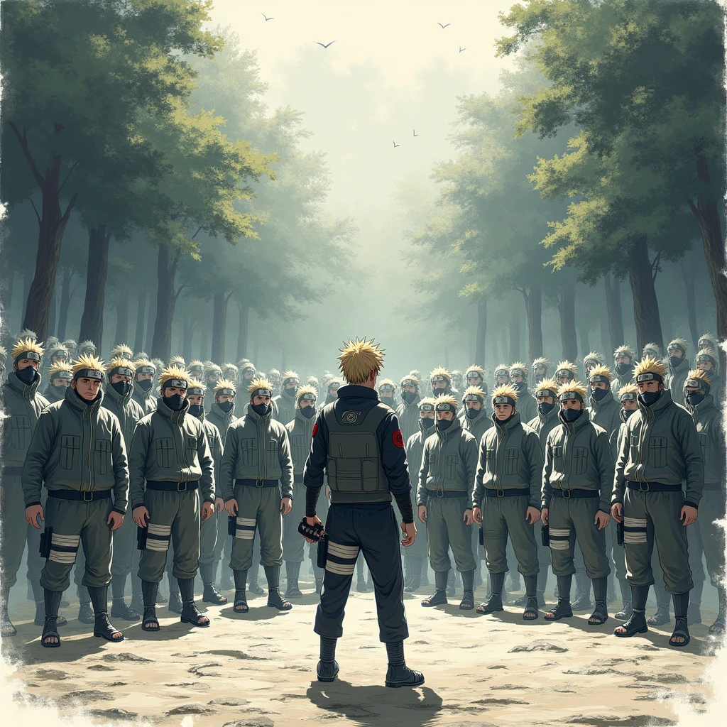 ultra detailed, masterpiece, best quality, solo, cowboy shot, facing viewer,sketch style, Naruto and his shadow clones, one thousand Naruto's,huge forest setting 