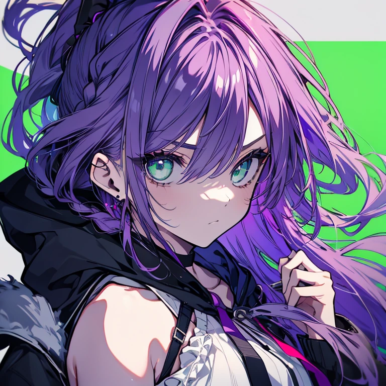 1 person、Mature、Ample breasts、Purple Hair、Long Hair、Emerald green eyes、ponytail、Braid、Voluminous hair、Earrings、Black hoodie、Shoulder Bare、Arena、Ready for battle、cool、Serious face、Black choker、Shorts、garter、High resolution、Highest quality
