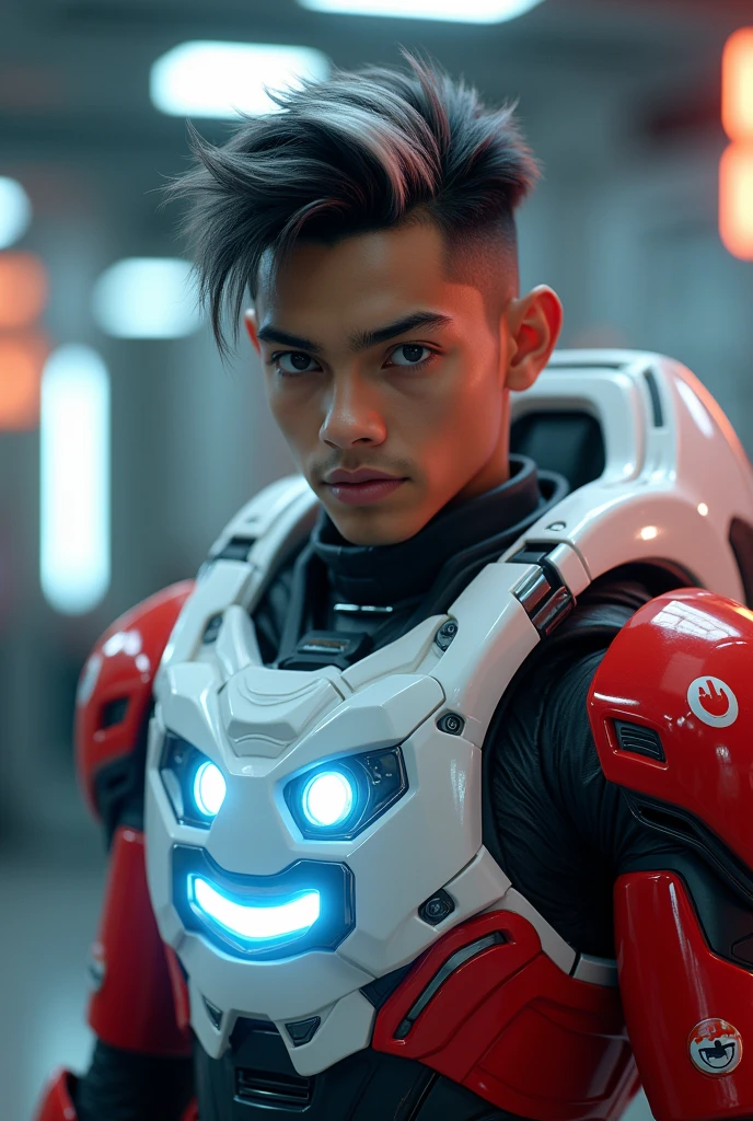 a young Malaysia man, tan skin .19 year old boy wearing a red and white exoskeleton armor, a robot face on his chest , malaysian mullet wolfcut hairstyle. Red ear mount . black hair mix little white hair. , detailed face and eyes, highly detailed, 8k, photorealistic, cinematic lighting, concept art, sci-fi. Led light blue.led light anger robot face on body Punisher. Marvel. Alien robot face on body. Mechamato. Robot face on chest. Talking anger robot on chest. Angry red Robot emoji on body.. robot eyes blue. Glowwing on nipple.