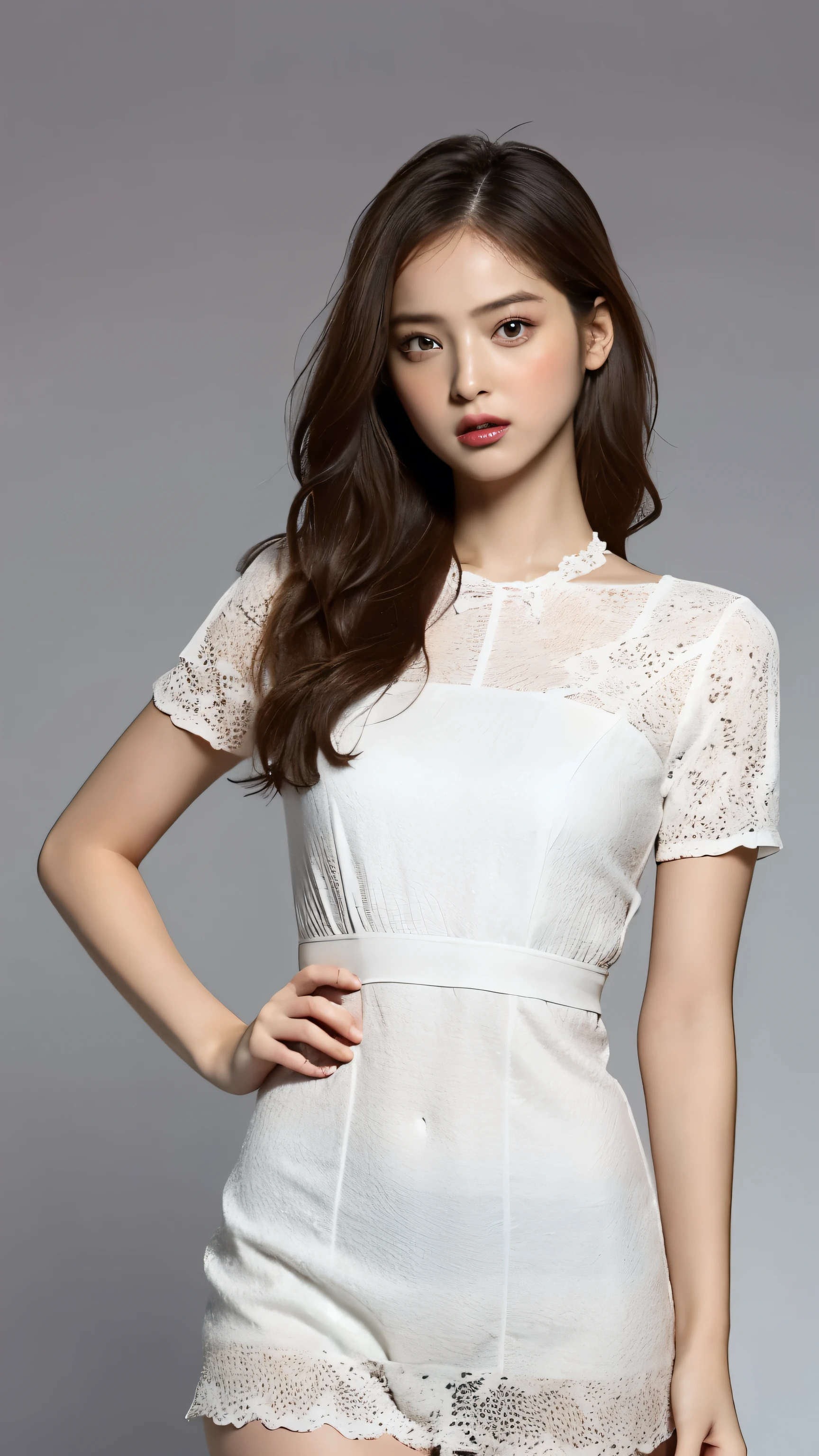 Highest quality,masterpiece,Ultra-high resolution,(Actual:1.4),Original photo,Ultra-high resolution,8K,There are also women,Fair skin、Transparent short-sleeved one-piece white dress
Long legs:1.5,Bright and beautiful,high waist,Flashy makeup,Gray background,