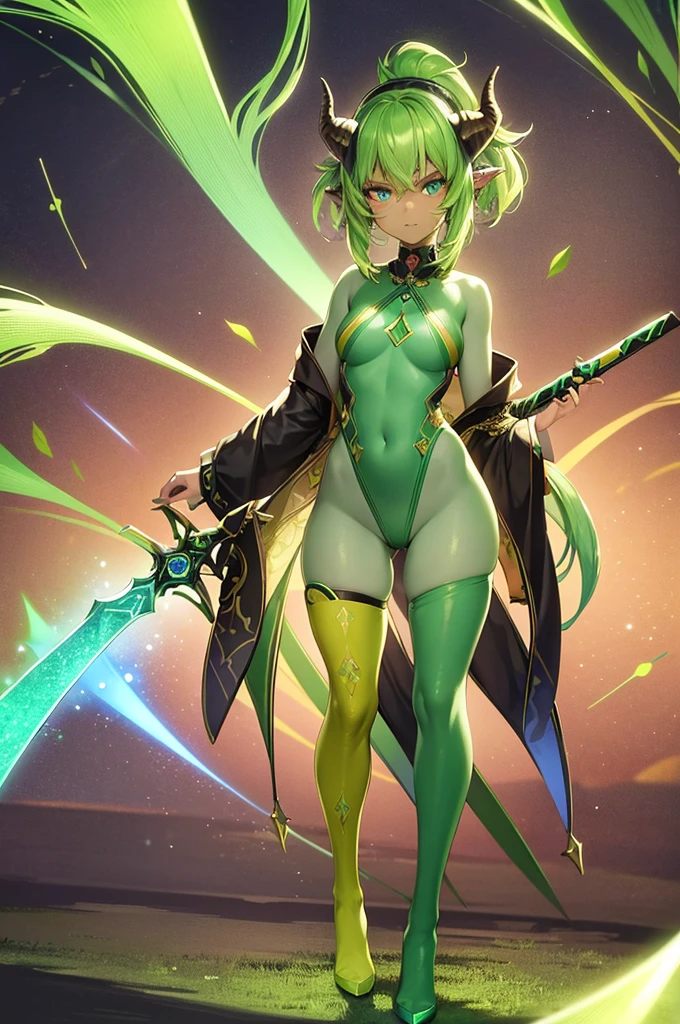 prismatic coloration, holographic environment, young plant girl, leafy skin, black skin, African-American, Elegant, elven ears, serious glare, ponytails, leaf green hair, Heterochromia with deep green & Gold eyes, C-cup, lithe, fit, Fairy like attire, full-body, slender legs, footless tights with leafy design, beautiful eyes, freckles, leaf green eyebrows, Cute butt, (long straight prismatic colored horns:1.2), wielding sword, Battle stance, grassy aura