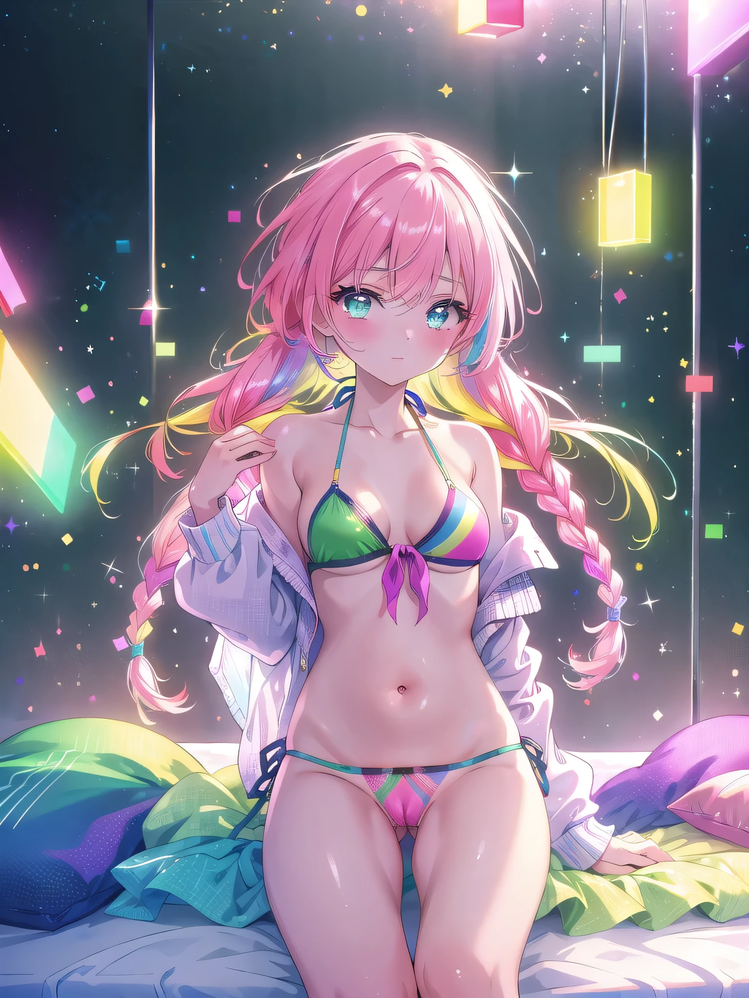 ((8k, Highest quality, masterpiece: 1.3)),Ultra-high resolution,(1 girl, alone), (Color changing eyes, Ultra-detailed, Expressive brilliance, Glitter, Glowing Eyes), Highly detailed eyes, Highly detailed face, Random Hair, ((pastel colour))An energetic young woman with pastel pink hair styled into twin braids, sitting on the edge of her bed in her colorful bedroom during a bright afternoon. She is wearing a neon green bikini, and the bottom tie of her bikini top has come loose. She’s leaning forward slightly, her hands working quickly to retie the knot with a determined expression. The camera captures her from a low, side angle, emphasizing the movement and energy in her actions, with the vibrant colors of the room complementing her lively personality,(She puts her hand inside her bikini and touches her pussy:1.3)