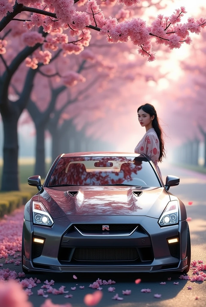 (photorealism:1.2), nissan gtr r33 with a japanese girl standing behind the front of the car with cherry tree background 