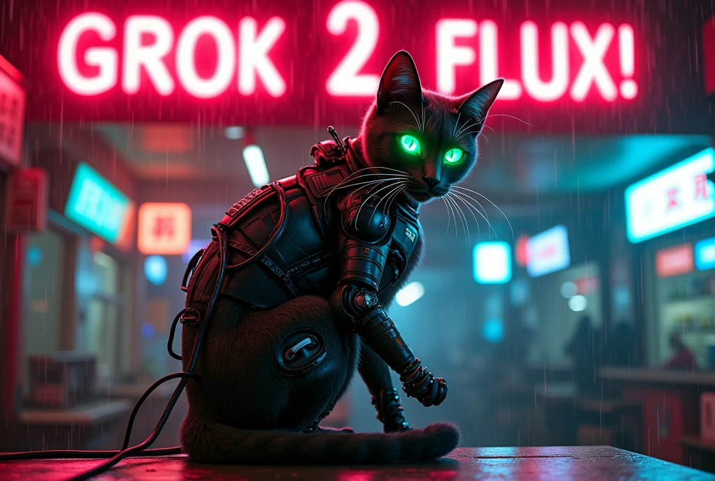 A movie poster, A huge neon sign in the middle reads "GROK 2 FLUX!" ,Masterpiece, 4k, 8k, high quality, highly detailed, concept art, A cyberneticly enhanced cat, glowing neon green eyes, cables on back, robotics, one paw is metalic, looking at viewer, sitting on a bar of a noodle shop, grooming itself, cyberpunk setting, raining, neon lights,