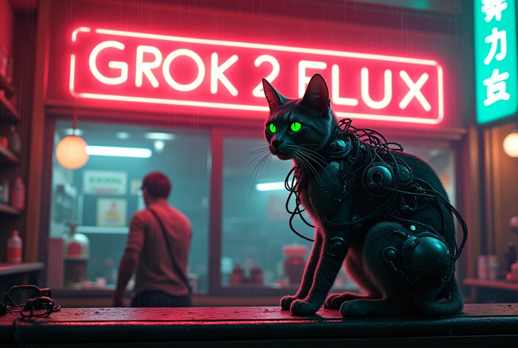 A movie poster, A huge neon sign in the middle reads "GROK 2 FLUX!" ,Masterpiece, 4k, 8k, high quality, highly detailed, concept art, A cyberneticly enhanced cat, glowing neon green eyes, cables on back, robotics, one paw is metalic, looking at viewer, sitting on a bar of a noodle shop, grooming itself, cyberpunk setting, raining, neon lights,