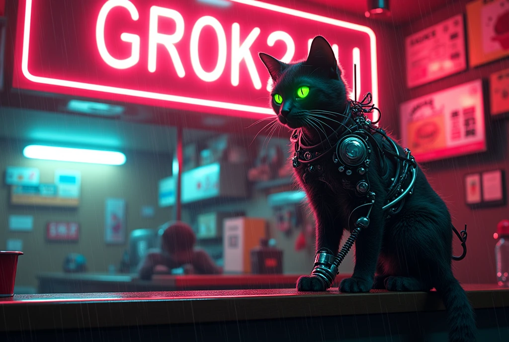 A  movie poster, A huge neon sign in the middle reads "GROK 2 FLUX!" ,Masterpiece, 4k, 8k, high quality, highly detailed, concept art, A cyberneticly enhanced cat, glowing neon green eyes, cables on back, robotics, one paw is metalic, looking at viewer, sitting on a bar of a noodle shop, grooming itself, cyberpunk setting, raining, neon lights,