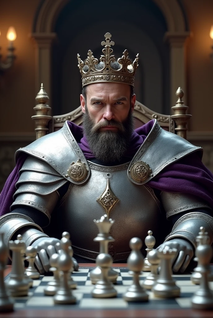 king made of strong silver bearded with crown sitting in front of a chessboard showing the entire table, showing respect with purple details on his armor seen from the front