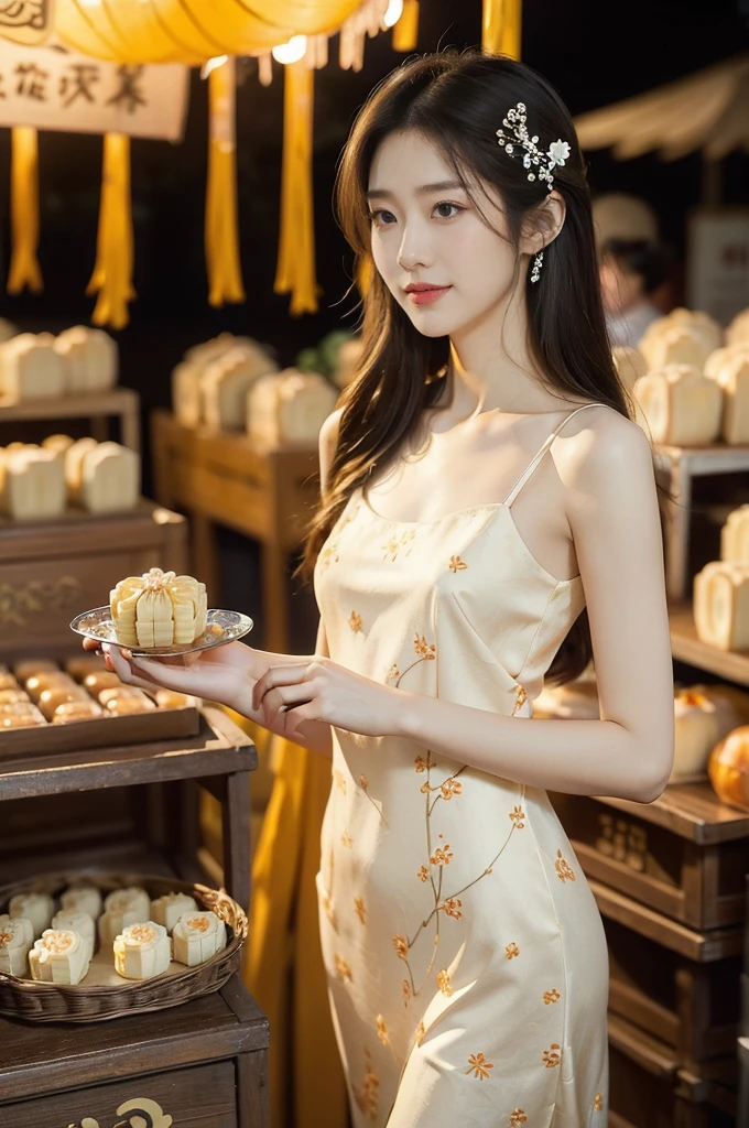 (((best quality))),(((ultra detailed))),(((masterpiece))),illustration,((1 beautiful girl,solo)),(shoulder-length bob:0.8),((slim,thin)),((small breasts,flat chest)),delicate face, twinkling eyes,(flowing osmanthus flower dress:1.3),(slender legs:1.2),(standing:1.3),fair complexion,(bustling market:1.3),(stall full of mooncakes:1.3),curiosity,delight,promotional,haggling,intricate patterns,Mid-Autumn Festival, flaky, smile, sweet, fragrant filling, delightful contrast, salty exterior, eyes widen, pleasure, exploring,excitement, box, joyful anticipation, festive spirit, vibrant atmosphere, enchanting appearance, lively scene, captivating, timeless image, ((from front,upper body)),(surrounded by crowded crowds:1.3)