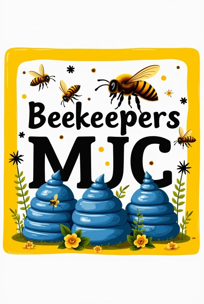 Logo with writing: beekeepers MJC Trégunc A beautiful bee and blue hives and bees flying all surrounded by a yellow frame