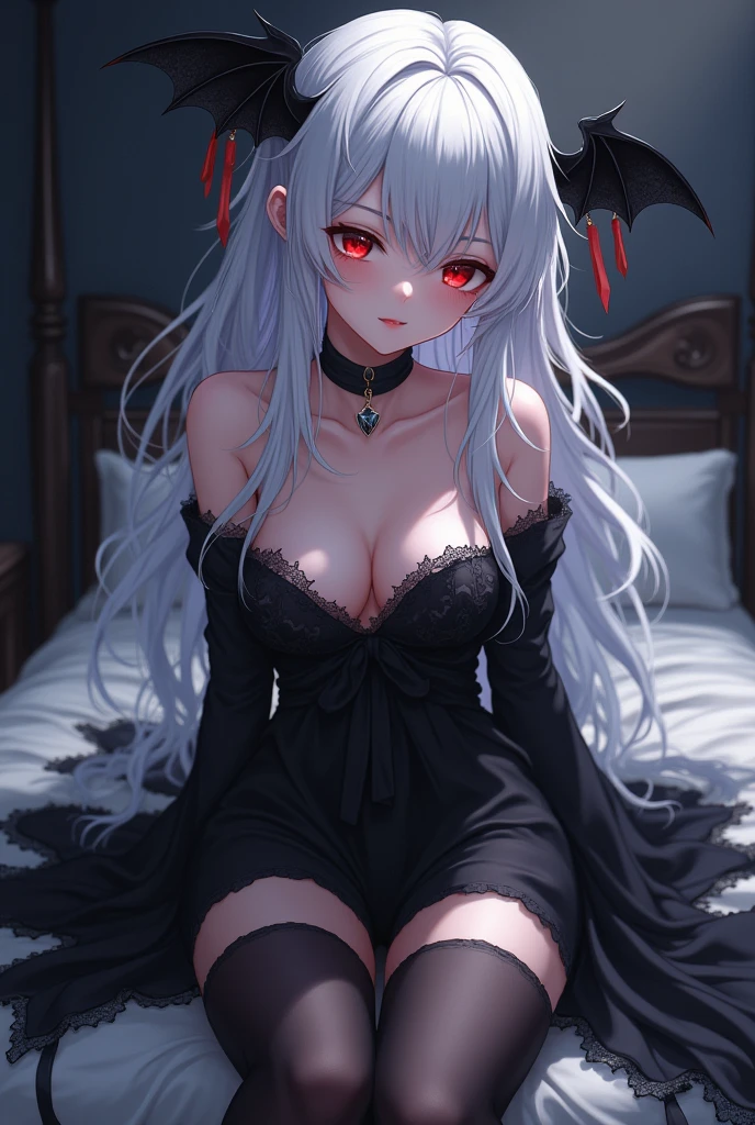 (Highest quality,Very detailed,High resolution:1.2),One Girl,Gray Hair,The most beautiful girl in human history,暗い red eyes (暗いred eyes:1.1),さみし気な aura(aura:1.1),(mysterious,Ghostly:1.1) atmosphere,Looks like half a demon,(Demonic traits,Demonic traits),(Elaborate,wonderful) Earrings,Big Breasts,Small Ass,Elongated beautiful legs、Nasty bra,White panties、A big full moon shines in the dark night sky、Dirty body、Clear eyes、Seated