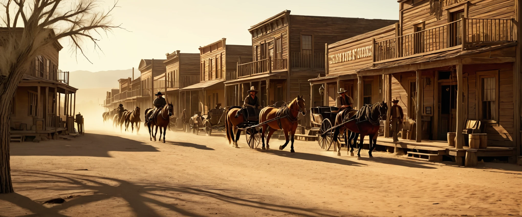 An old wild west town in 1830s America, dusty streets, wooden saloons, horse carriages, lawless atmosphere, a sheriff's office, a row of small cabins, a saloon with swinging doors, flickering oil lamps, a dusty desert background, horses tied to hitching posts, a poker game in progress, a wanted poster on a wall, rough and rugged men with scruffy beards and worn-out clothing, a gallows in the center of town, tumbleweeds blowing in the wind (best quality,4k,8k,highres,masterpiece:1.2), ultra-detailed, (realistic,photorealistic,photo-realistic:1.37), warm sunlight casting long shadows,
